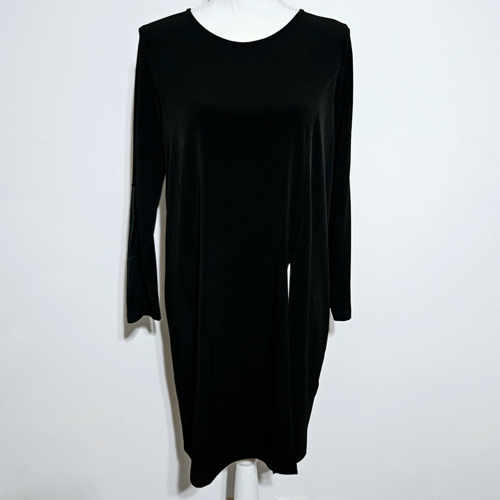 Clara‎ Sun Woo Tunic Top Sz M Solid Black Front Slit Arm Patch USA Made
